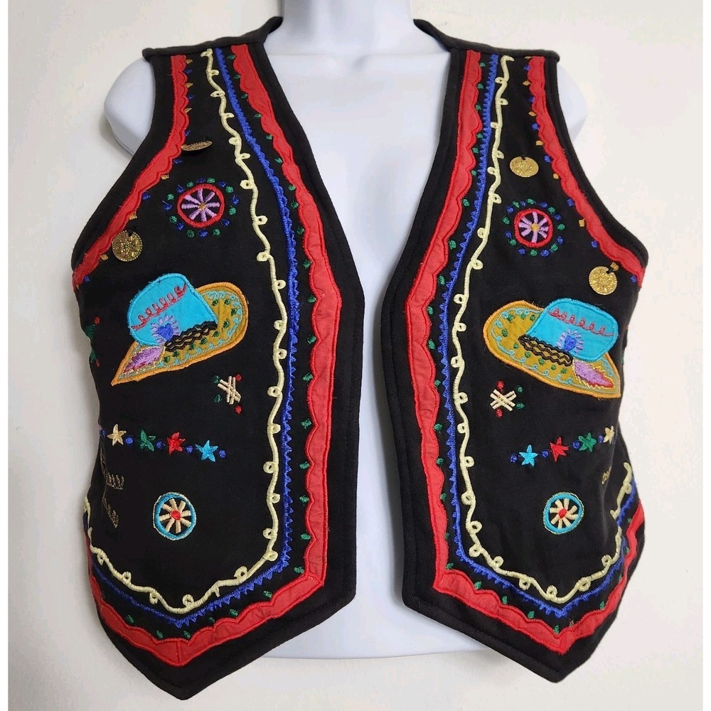 Vintage 90s ime in! Embroidered Western Cowboy Vest Black Cotton Boho Festival M